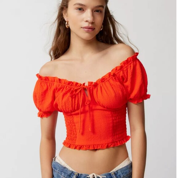 Urban Outfitters Red Hot Puff Sleeve Top - Off the Shoulder Shirred Blouse - Picture 3 of 9
